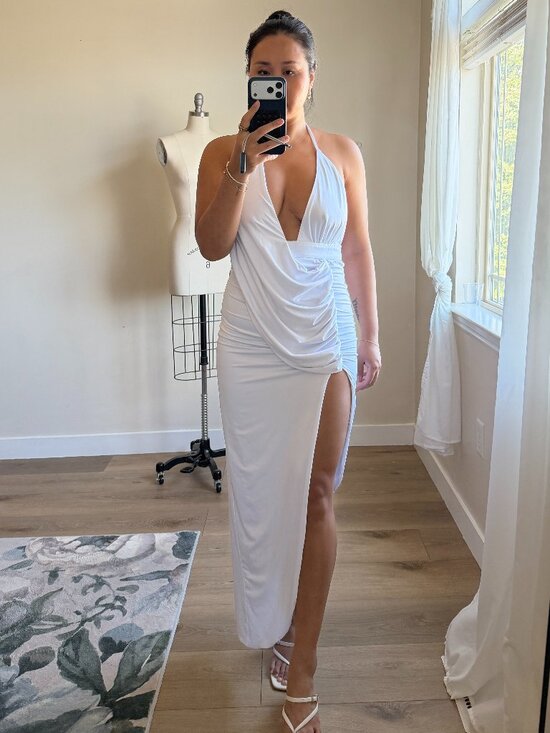 superdown Dresses & Skirts - Superdown White Halter Maxi Dress | Deep V Draped Gown | Size M | Wedding Guest